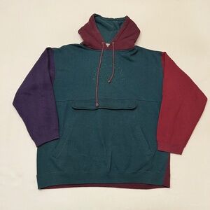 Vintage 90s GUESS Jeans Color Block Hoodie Sweatshirt Sz Med Embroidered Logo
